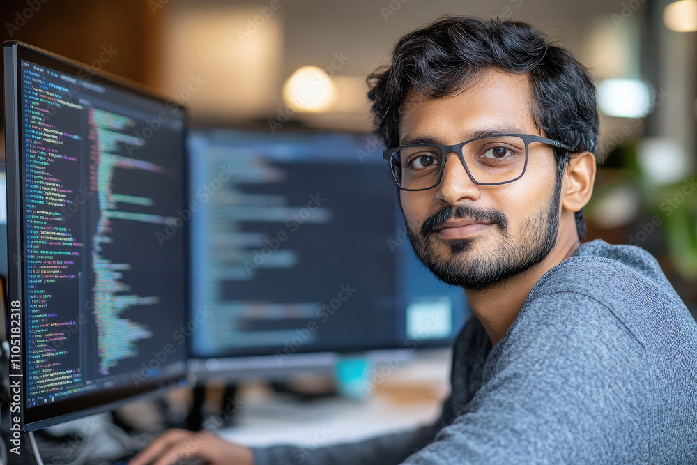Indian male programmer working on computer Indian male programmer working on computer