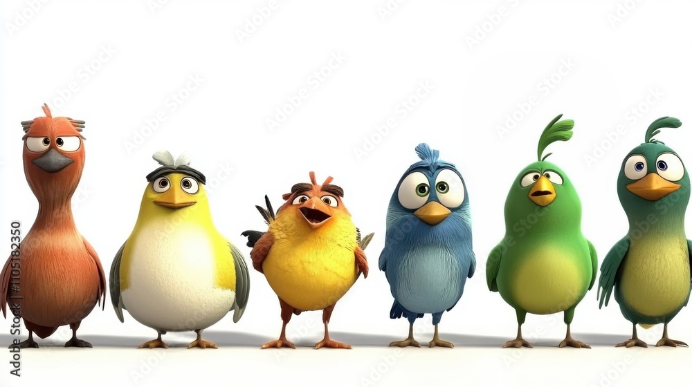 Whimsical Avian Art: Cartoon Birds on White Background Whimsical Avian Art: Cartoon Birds on White Background