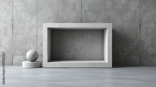 A minimalist design of a grey concrete box with a circular hole in the center, symbolizing a sense of emptiness and modern architecture, concrete box, background