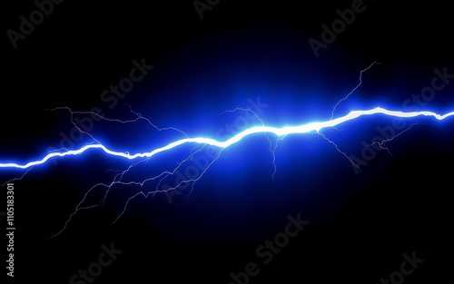 A single bolt of blue lightning strikes across a black background