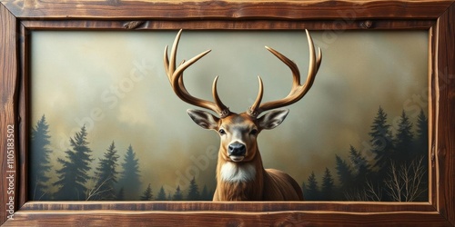 A realistic painting of a deer with majestic antlers against a backdrop of a rustic frame, nature, artwork photo