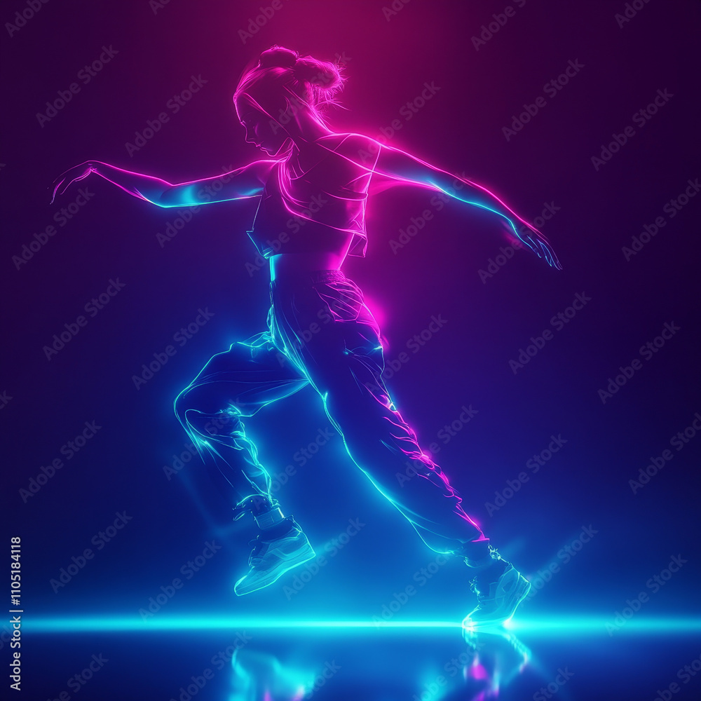 Dynamic pose of a neon-lit dancer against a dark backdrop Dynamic pose of a neon-lit dancer against a dark backdrop