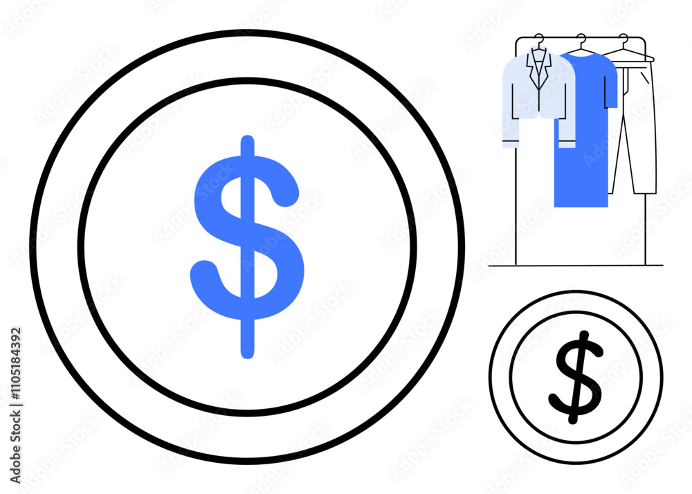 Obraz premium Dollar sign in a black circle over blue dollar sign. Clothing rack with shirts and pants hanging. Ideal for finance, retail, fashion, budgeting, cost analysis, sales promotion e-commerce. Line