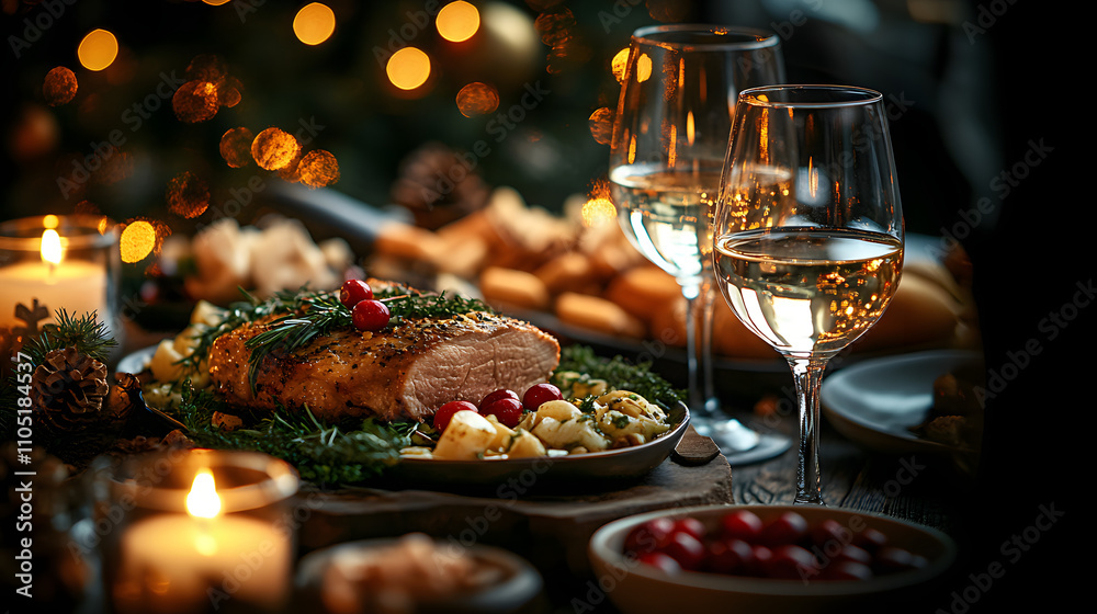 A table with a Christmas tree and a lit fireplace A table with a Christmas tree and a lit fireplace