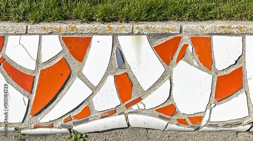 Rust covering an urban wall, interspersed with orange and gray textured paint streaks, is viewed from an elevated angle, displaying a striking blend of decay and color. photo