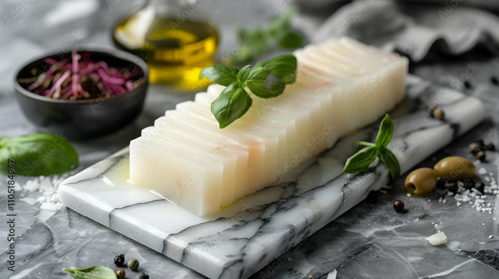 Sliced Fish in Oil, Culinary Still Life Image Sliced Fish in Oil, Culinary Still Life Image