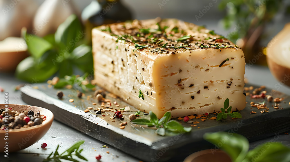 Herb and Spice Infused Cheese Block, Culinary Still Life Photo Herb and Spice Infused Cheese Block, Culinary Still Life Photo