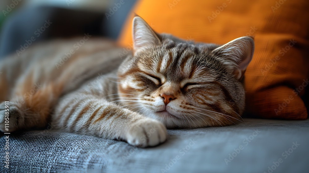 Adorable Tabby Cat Peacefully Napping on Couch in Cozy Home Environment The cat is resting comfortably with its eyes closed paws tucked in and a serene content expression on its face Adorable Tabby Cat Peacefully Napping on Couch in Cozy Home Environment The cat is resting comfortably with its eyes closed paws tucked in and a serene content expression on its face
