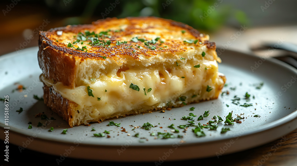 Side view of a grilled cheese sandwich with a golden, buttery crust, herbs on the plate Side view of a grilled cheese sandwich with a golden, buttery crust, herbs on the plate