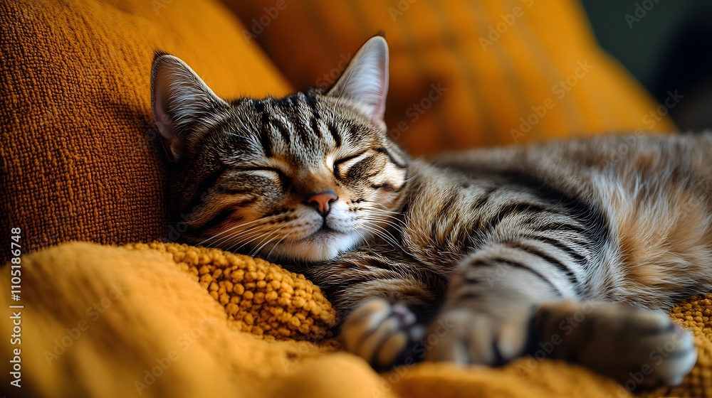 Closeup of a adorable tabby cat sleeping soundly and curled up comfortably on a plush orange sofa cushion in a cozy living room setting The cat appears completely relaxed and at peace Closeup of a adorable tabby cat sleeping soundly and curled up comfortably on a plush orange sofa cushion in a cozy living room setting The cat appears completely relaxed and at peace