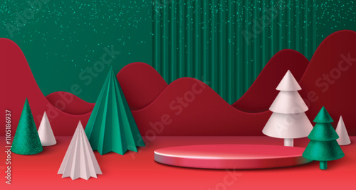 3d Christmas tree podium. Merry Xmas red banner bg for product display on sale. New Year stage with holiday decoration for promotion. Premium advertising platform for happy celebration illustration
