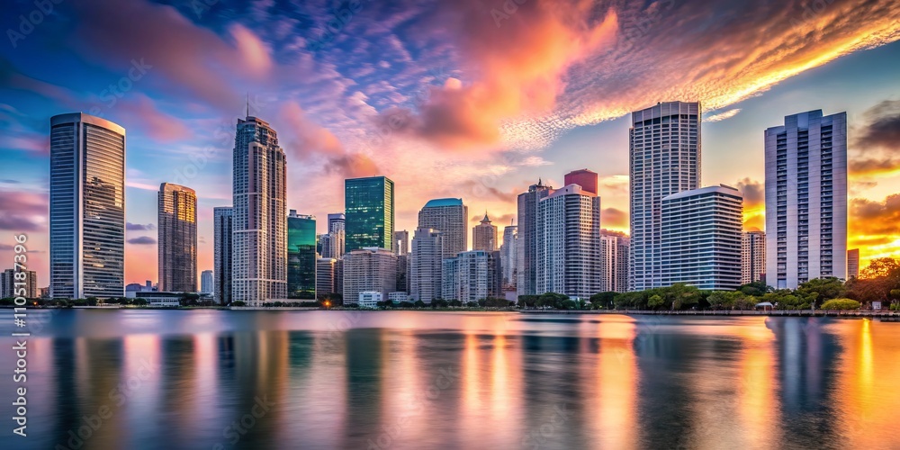 Obraz premium Captivating Minimalist Skyline of Brickell: A Serene Evening View of Modern Architecture Against a Soft Pastel Sky, Highlighting Urban Elegance and Tranquility in Miami's Financial District