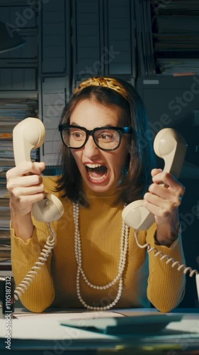 Nervous office worker shouting at customers on the phone