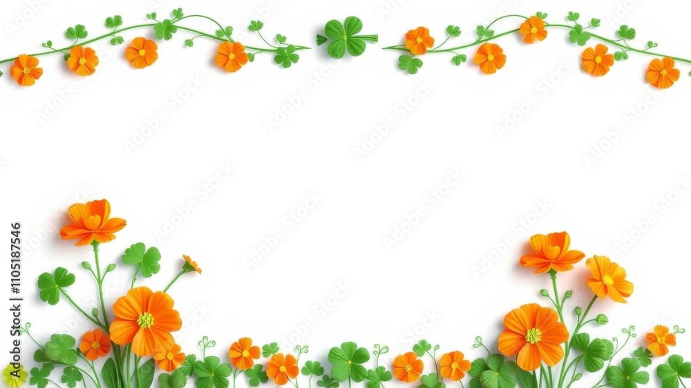 A vibrant green and orange floral frame with copy space, perfect for St Patrick's Day celebrations or greeting cards, decorative, greeting card A vibrant green and orange floral frame with copy space, perfect for St Patrick's Day celebrations or greeting cards, decorative, greeting card