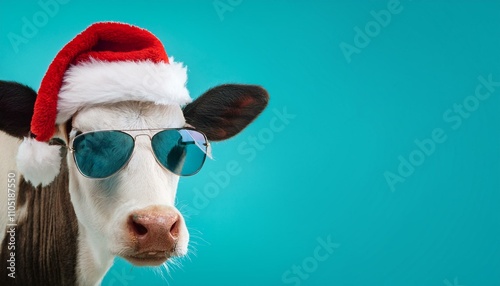 In the summer of winter, marry christmas text,winter is a winter holiday with cool messages - cow, Weihnachtmann Nikolausmütze, Sonnenbrille und roter Nase, isoliert auf türkisem hintergrund.copy text photo