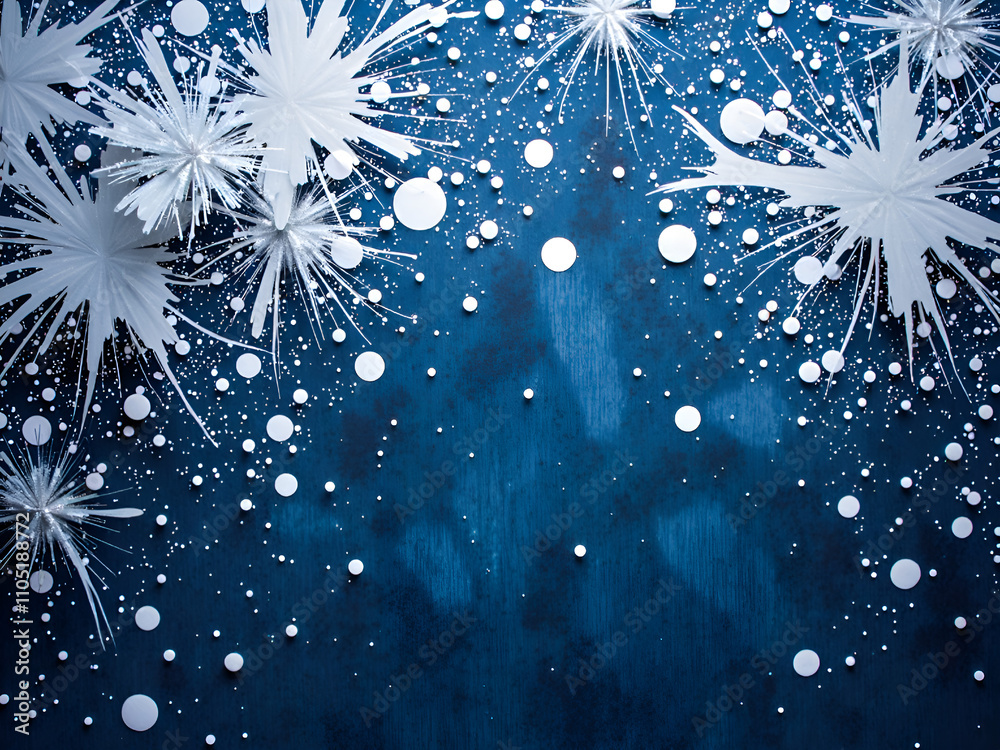 Elegant winter scene with white snowflakes on deep blue background for holiday decor, digital art of abstract design concept. Elegant winter scene with white snowflakes on deep blue background for holiday decor, digital art of abstract design concept.