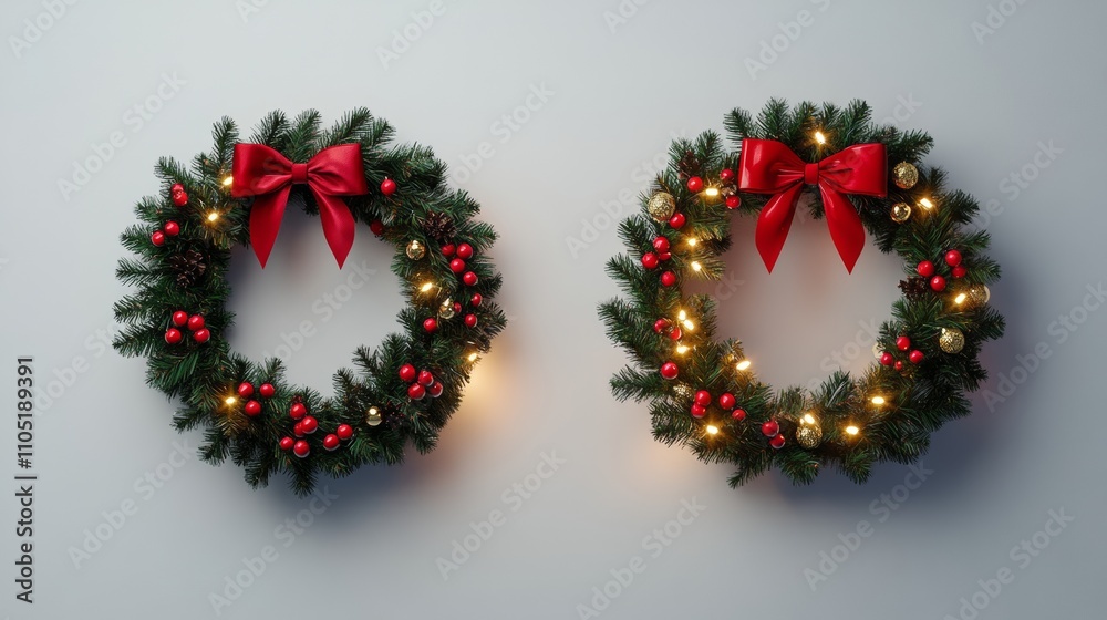traditional christmas wreaths with red and gold decorations, evergreen pine branches, illuminated by warm led lights, red satin bow, realistic berries, luxurious holiday decor, white background, traditional christmas wreaths with red and gold decorations, evergreen pine branches, illuminated by warm led lights, red satin bow, realistic berries, luxurious holiday decor, white background,