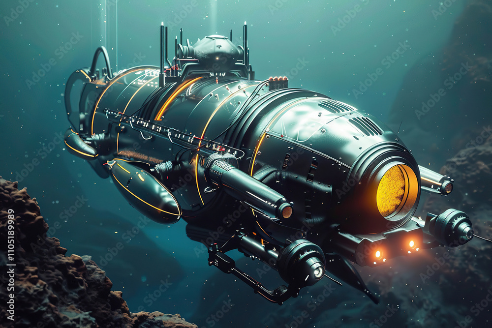 Beautiful large bathyscaphe floating in middle of ocean during exploration Beautiful large bathyscaphe floating in middle of ocean during exploration