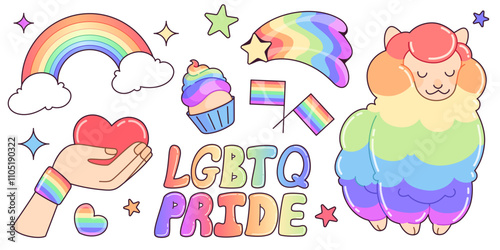 Lgbt pride rainbow sticker. Heart and love icon pack design. Lgbtq month illustration with groovy patch collection. Colorful festival drawing with cute lesbian and bisexual fun label cartoon set