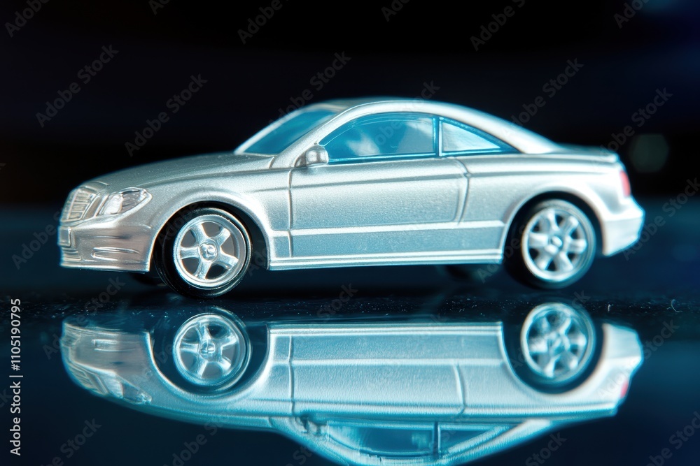 Reflective Silver Toy Car Model: A Closeup Studio Shot of a Miniature Coupe Reflective Silver Toy Car Model: A Closeup Studio Shot of a Miniature Coupe