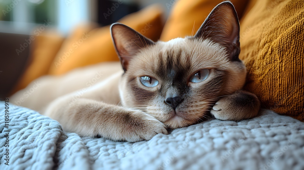 Adorable Sleepy Feline Relaxing Comfortably on Couch Cushion Curled Up in Peaceful Content as Cat Naps and Recharges in Cozy Indoor Setting Adorable Sleepy Feline Relaxing Comfortably on Couch Cushion Curled Up in Peaceful Content as Cat Naps and Recharges in Cozy Indoor Setting