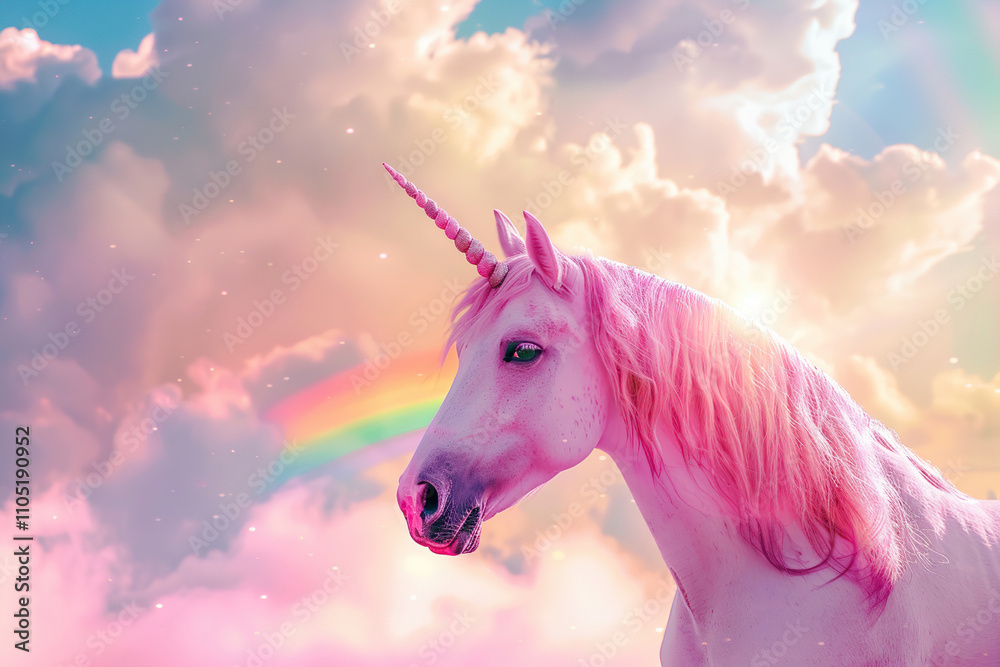 Fototapeta premium Fantastically mythological pink unicorn with big long horn