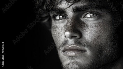 Black and White Portrait of a Freckled Young Man