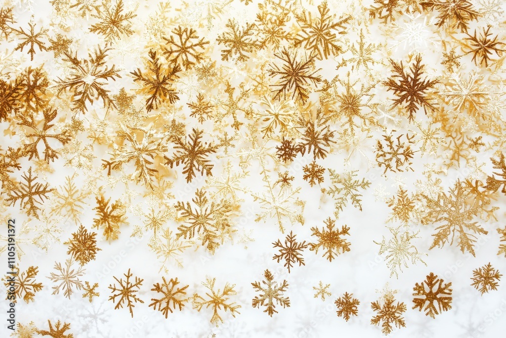 A cascading arrangement of golden snowflakes in diverse patterns and sizes scattered evenly across the image A cascading arrangement of golden snowflakes in diverse patterns and sizes scattered evenly across the image