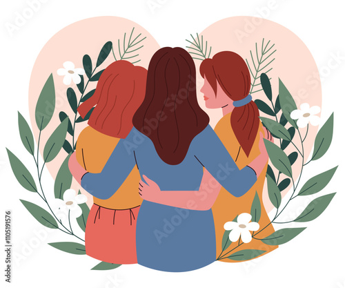 Female friendship and support, love.Different women, sisters, hugs.Flat vector illustration