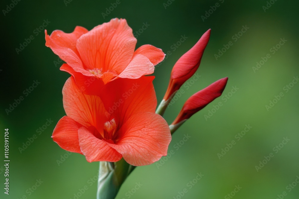 Canna Lily Flower: Beautiful Red Lily in Nature Garden, Green Background Canna Lily Flower: Beautiful Red Lily in Nature Garden, Green Background