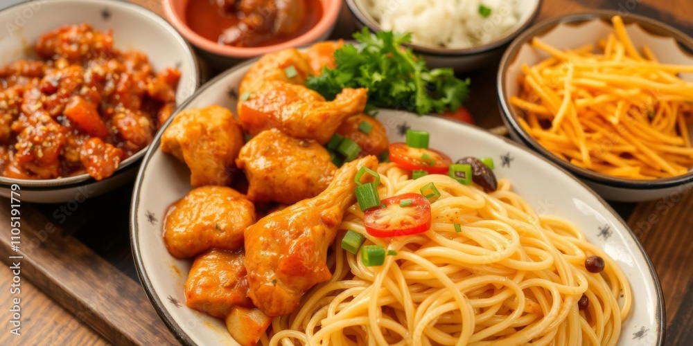 Spicy asian noodles with chicken and vegetables in a steaming bowl, cuisine, spicy food Spicy asian noodles with chicken and vegetables in a steaming bowl, cuisine, spicy food