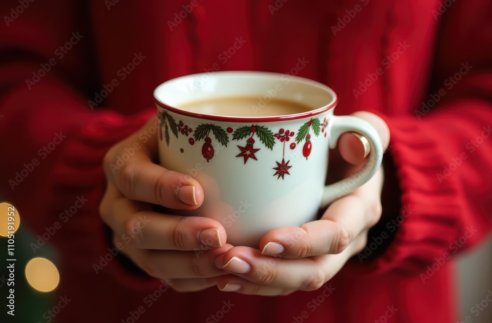 Woman hands with a coffee cup, festive season cup decoration, soft focus, bokeh background
