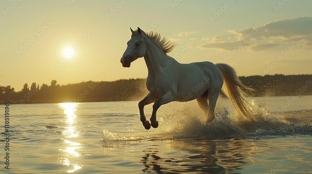 White Horse Galloping Through Water at Sunset White Horse Galloping Through Water at Sunset