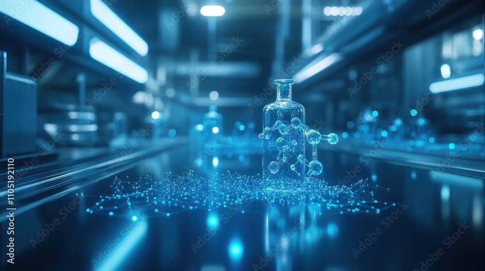 A glass bottle filled with molecular structures sits on a conveyor belt in a futuristic laboratory. A glass bottle filled with molecular structures sits on a conveyor belt in a futuristic laboratory.
