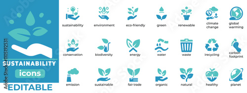 Editable sustainability vector icons for eco-friendly designs, covering green energy, recycling, conservation, climate change & biodiversity!