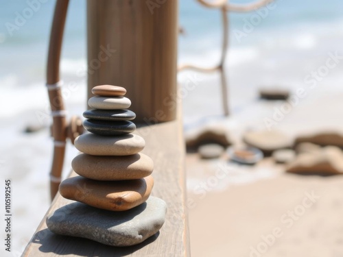 Stones carefully balanced on a wooden banister by the serene beach, tranquil, decor photo