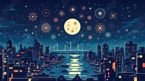 illustration of the night sky filled with fireworks, welcoming the arrival of the new year