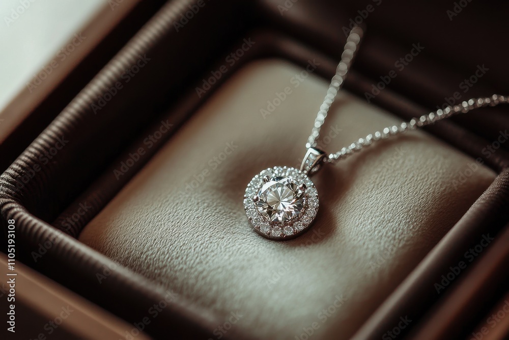 A close-up image of a luxurious jewelry box containing a stunning diamond pendant necklace A close-up image of a luxurious jewelry box containing a stunning diamond pendant necklace