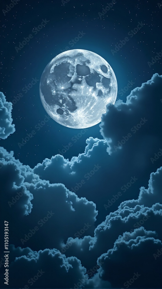 A Captivating Night Sky: Full Moon Illuminating Clouds and Stars Amidst a Canvas of Moonlight and Clouds, vertical orientation. A Captivating Night Sky: Full Moon Illuminating Clouds and Stars Amidst a Canvas of Moonlight and Clouds, vertical orientation.