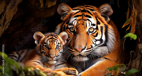 Close-up of The mother and baby tiger are lying in a cave, a blurred background, soft light.