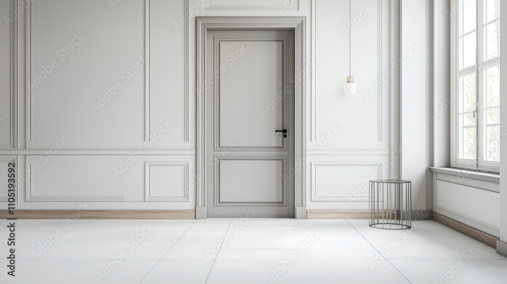 A minimalist grey door with clean walls, natural wood baseboards, and ceramic tiles. A minimalist grey door with clean walls, natural wood baseboards, and ceramic tiles.