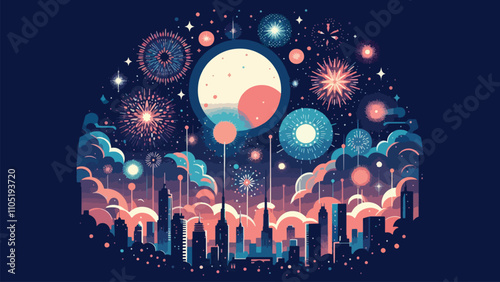illustration of the night sky filled with fireworks, welcoming the arrival of the new year