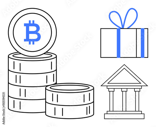 Stacked coins with Bitcoin symbol, gift box with bow, and classical bank building. Ideal for finance, cryptocurrency, banking, investment, gifting economics savings. Line metaphor