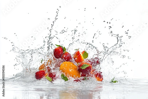 Fresh fruits in water splash isolated on white background