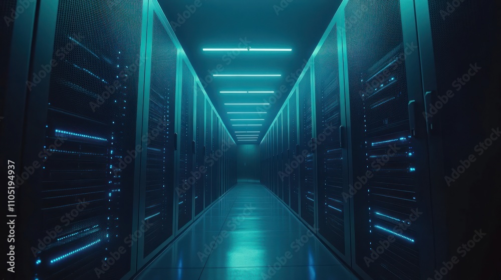 A long corridor in a server room with rows of servers on either side illuminated by blue lights. A long corridor in a server room with rows of servers on either side illuminated by blue lights.