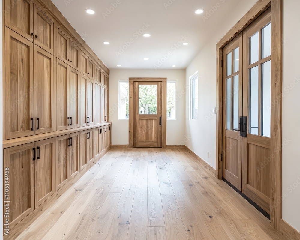 Obraz premium Modern hallway with light wood floors, neutral tones, and wooden door entryway.