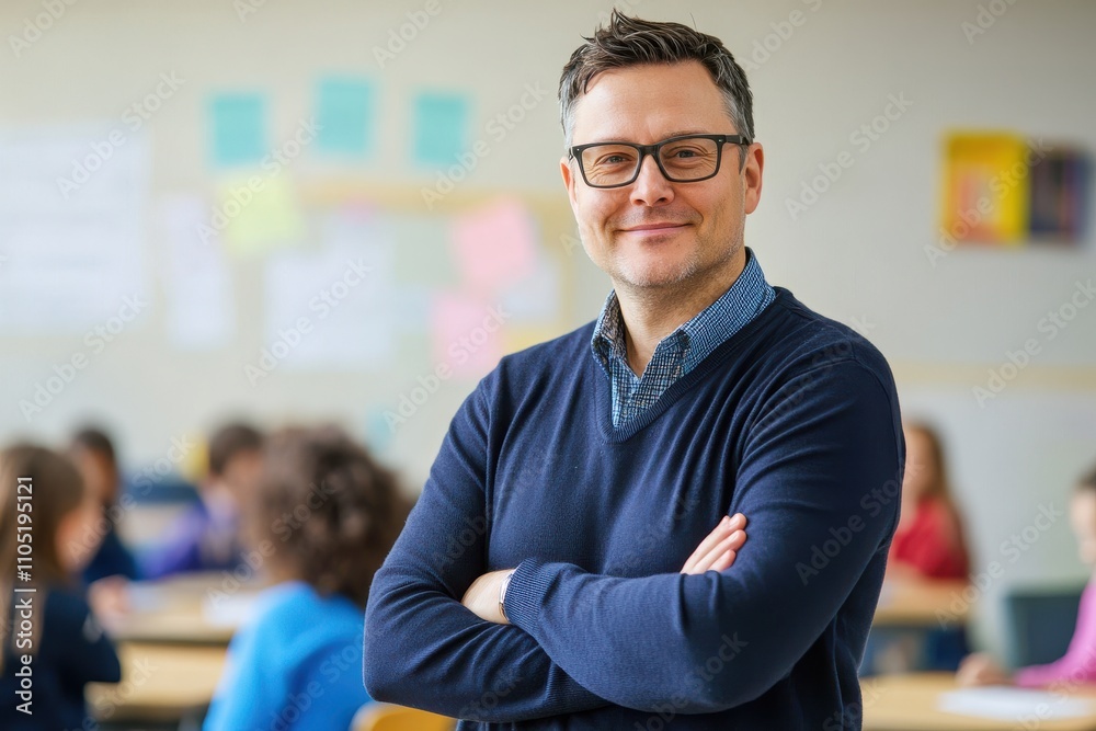Fototapeta premium A confident teacher standing with arms crossed wearing glasses and a navy blue cardigan