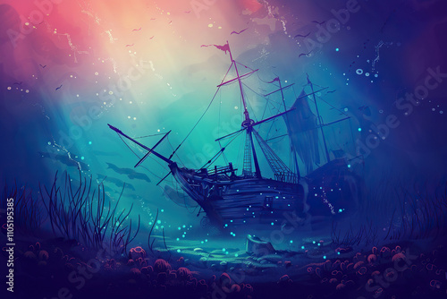 Underwater view of an sunken ship on seabed with fish swimming around