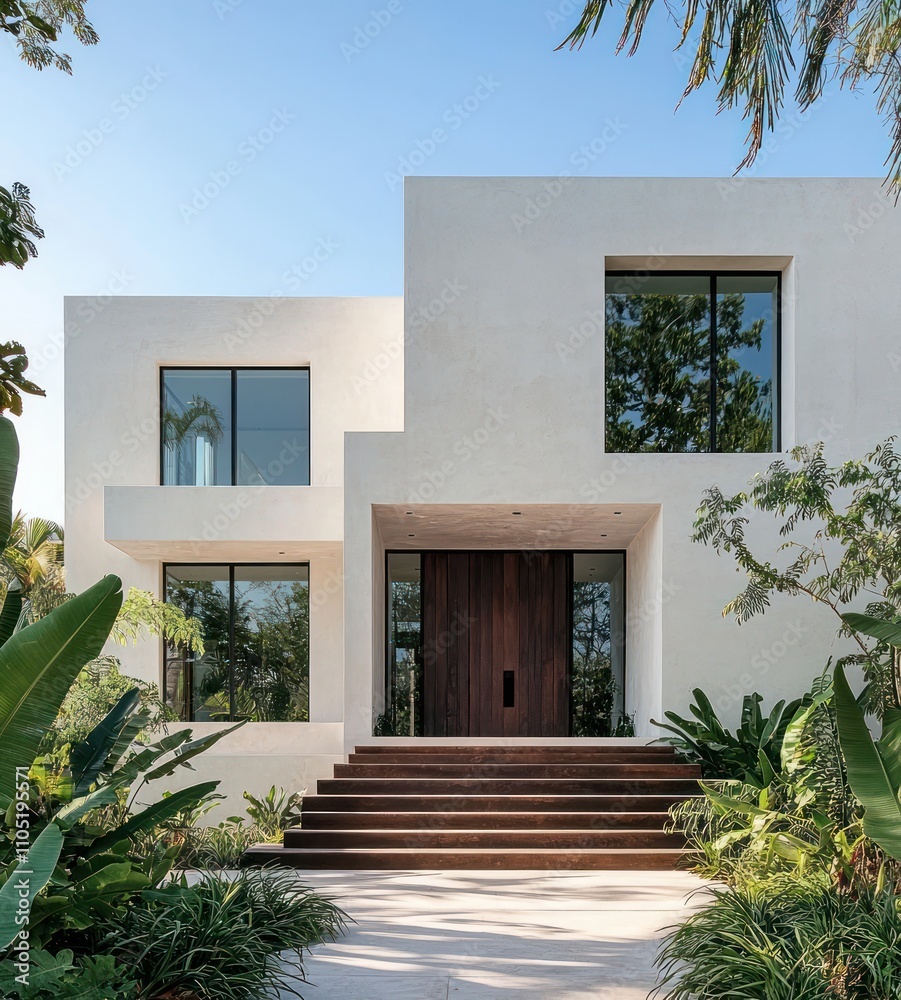 A stylish modern home with deep windows and a brown door made from reclaimed wood.