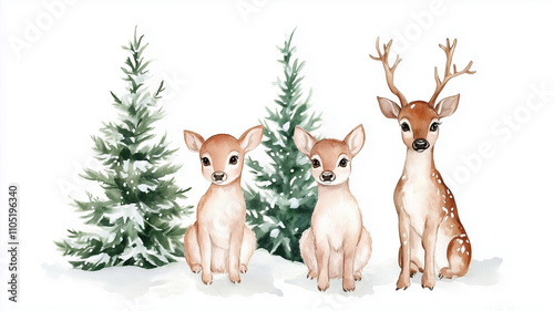 A charming watercolor painting of two deer enjoying the Christmas festivities.